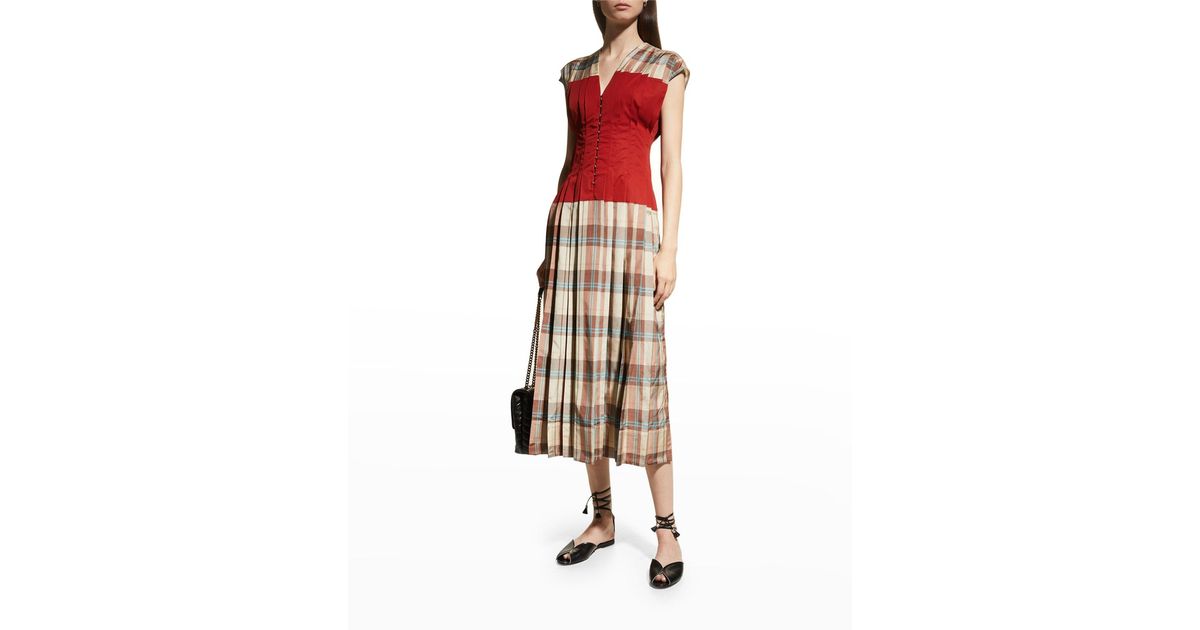 Tory Burch Claire Pleated Plaid Dress in White Lyst