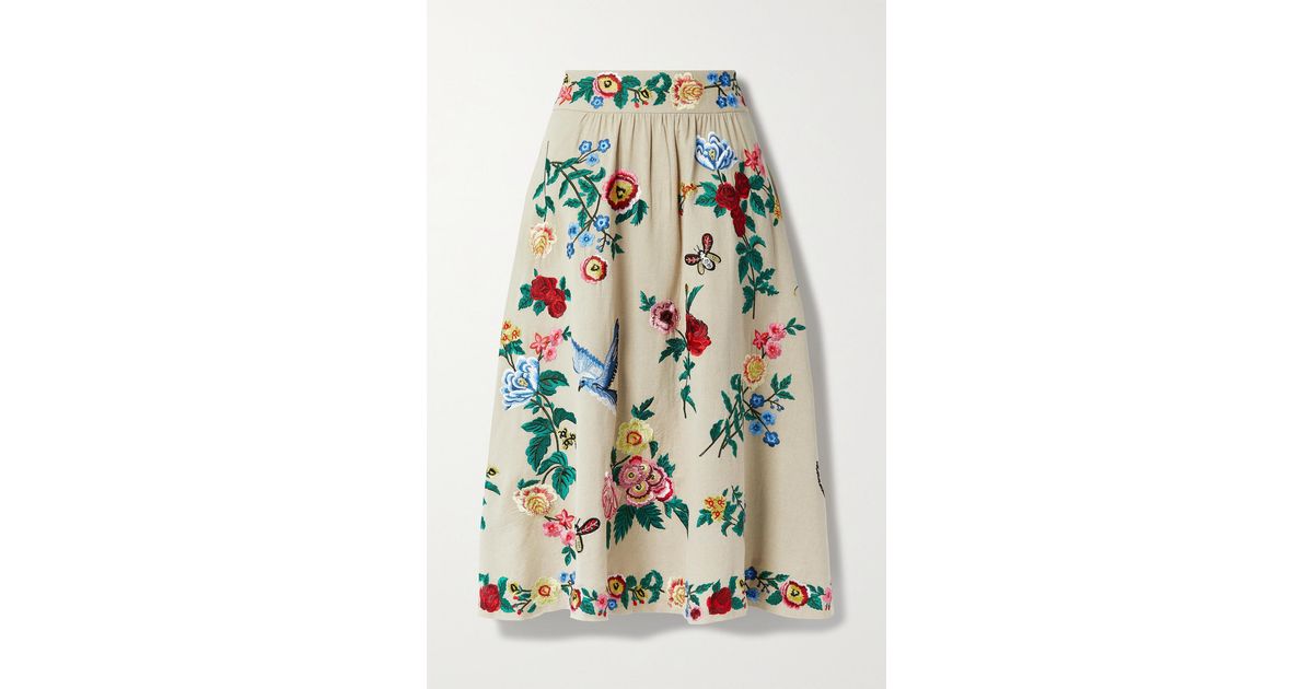 Alice + Olivia Earla Embroidered Cotton And Linen-blend Midi Skirt in  Natural | Lyst