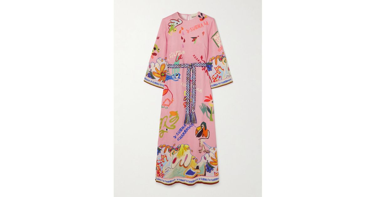 ALMAIS Nadia Hernndez La Charrasca Belted Printed Linen Midi Dress in  White | Lyst UK