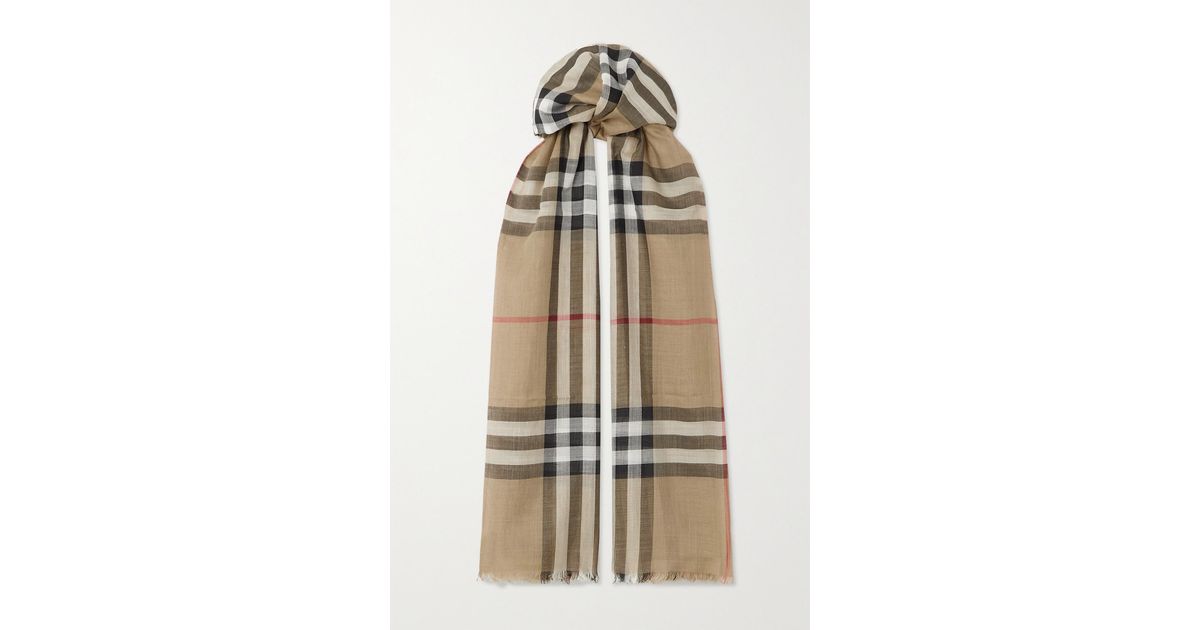 Burberry Fringed Checked Wool And Silk-blend Scarf in Natural | Lyst