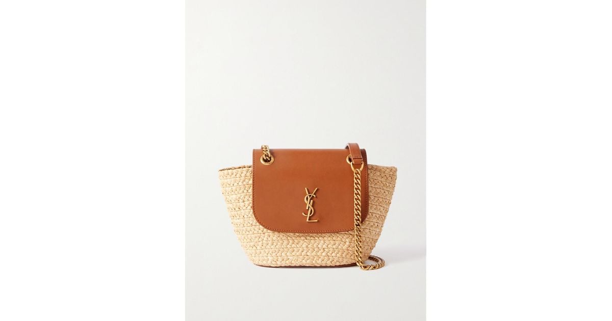 Saint Laurent Manon Mini Leather-Trimmed Raffia Shoulder Bag in Brown