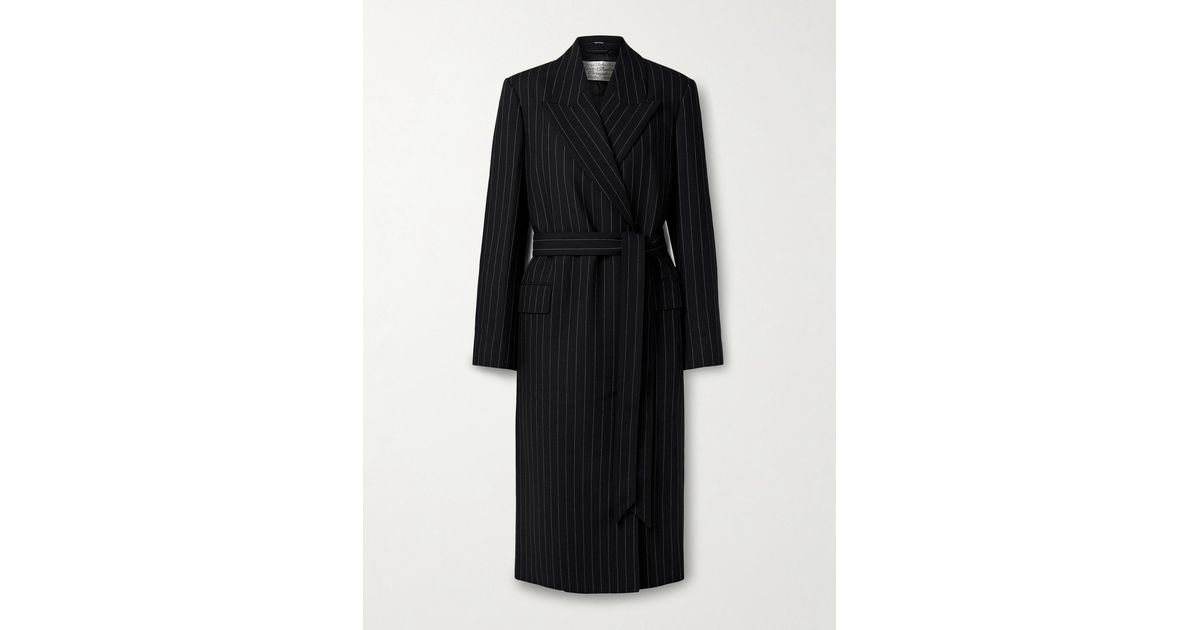 Acne Studios Belted Pinstriped Wool Coat in Black | Lyst