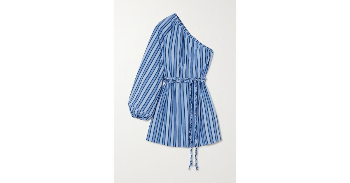 Faithfull The Brand + Net Sustain Calia Belted One-sleeve Striped Organic  Cotton-poplin Mini Dress in Blue