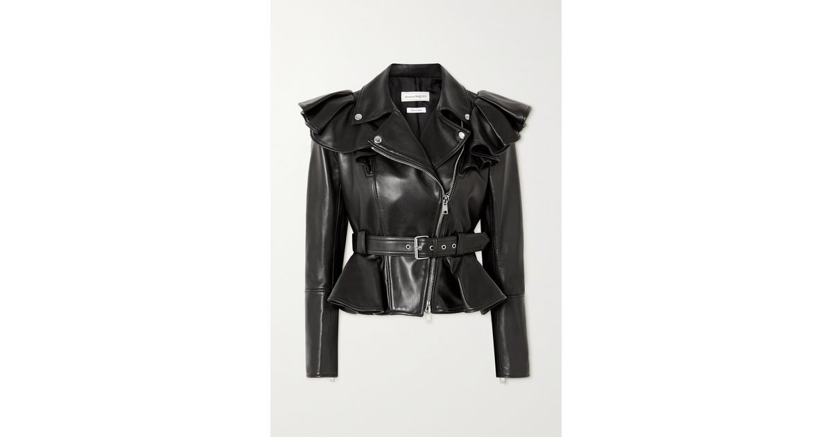 Alexander McQueen Belted Ruffled Leather Biker Jacket in Black 
