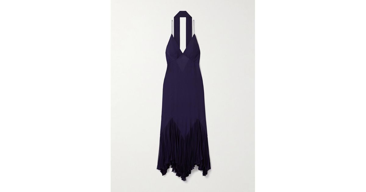 khaite blue dress with scarf KHAITE Candita Scarf-detailed Gathered Silk-georgette Maxi Dress in Blue