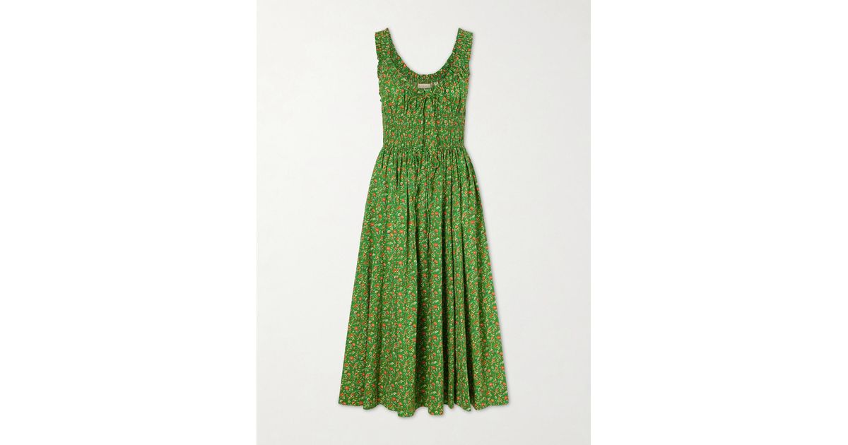 Doen Emmaretta Shirred Floral-Print Organic Cotton Midi Dress in Green