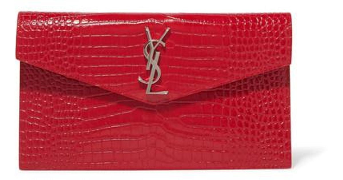 Saint Laurent Uptown Croc-effect Leather Clutch in Red | Lyst
