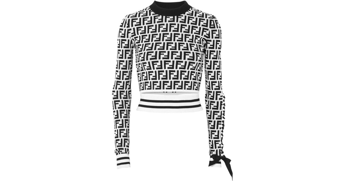 Fendi Grosgrain-trimmed Cropped Jacquard-knit Top in Black | Lyst