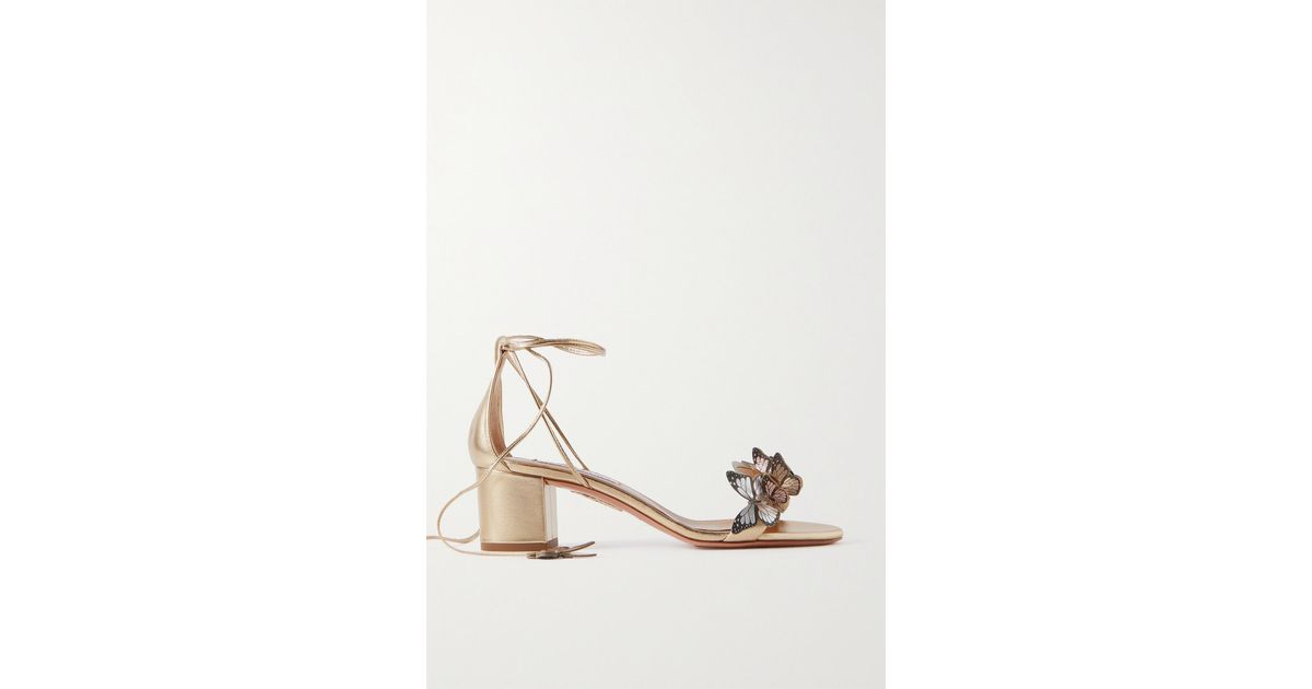 Aquazzura Papillon 50 Embellished Metallic Leather Sandals in