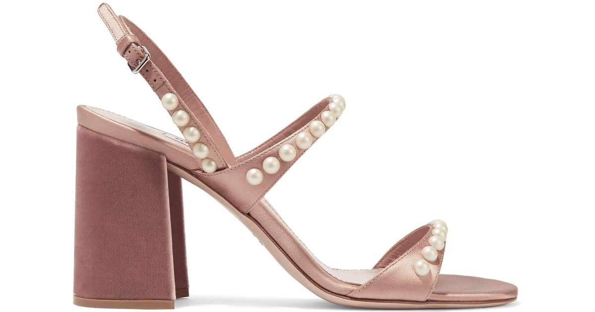 Miu Miu Women's Faux Pearl-embellished Satin And Velvet Sandals