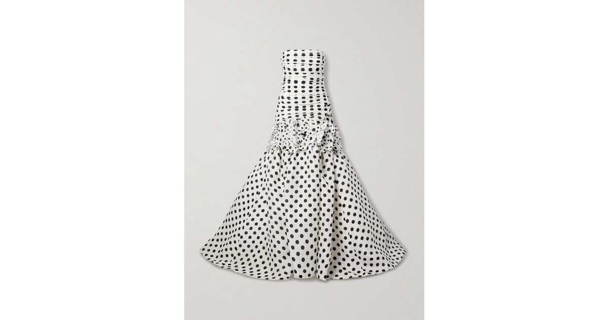 Carolina Herrera Strapless Appliqud Gathered Polka-Dot Silk-Gazar Gown in  White | Lyst