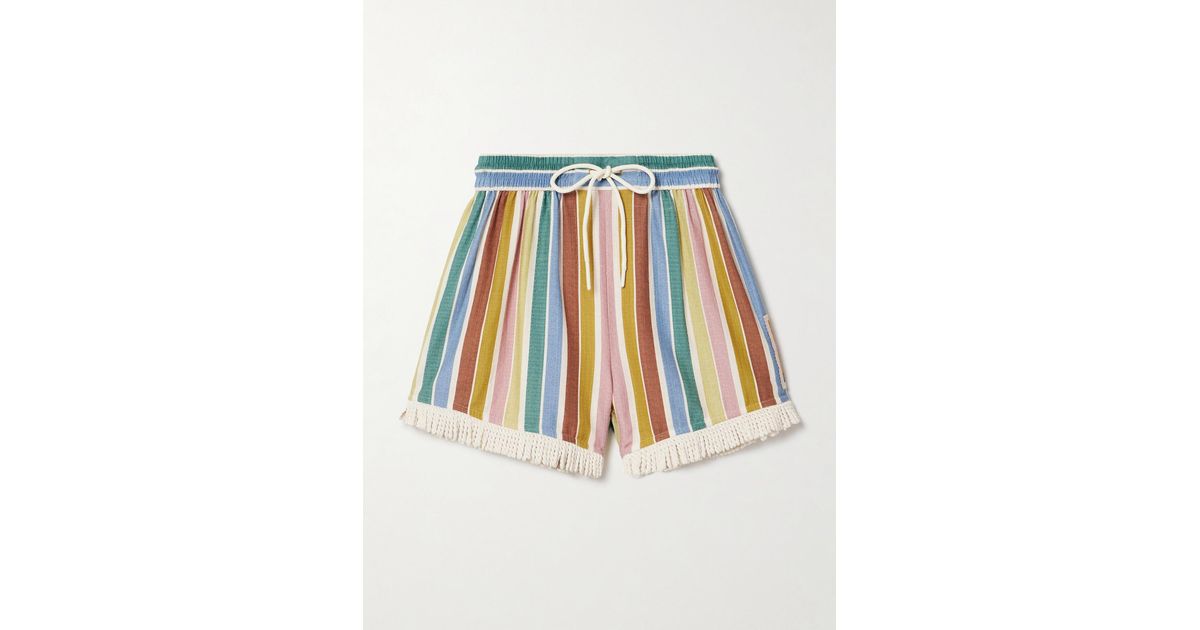 【Zimmermann】Everley fringed striped cotton-voile shorts ZIMMERMANN Everley Fringed Striped Cotton-Voile Shorts in