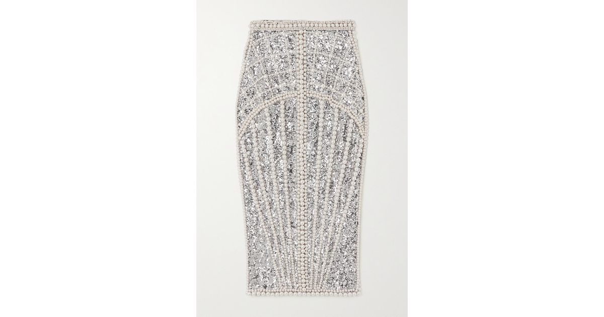 Balmain Faux Pearl-embellished Sequined Chiffon Midi Skirt in Metallic 