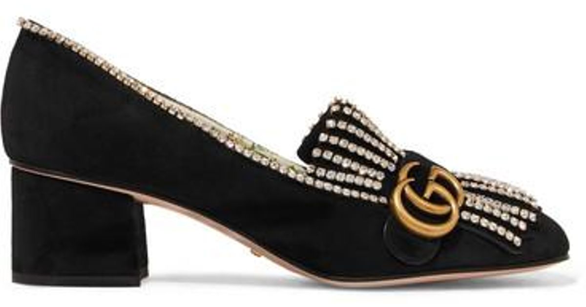 Gucci Marmont Crystal Embellished Fringed Suede Pumps In Black Lyst