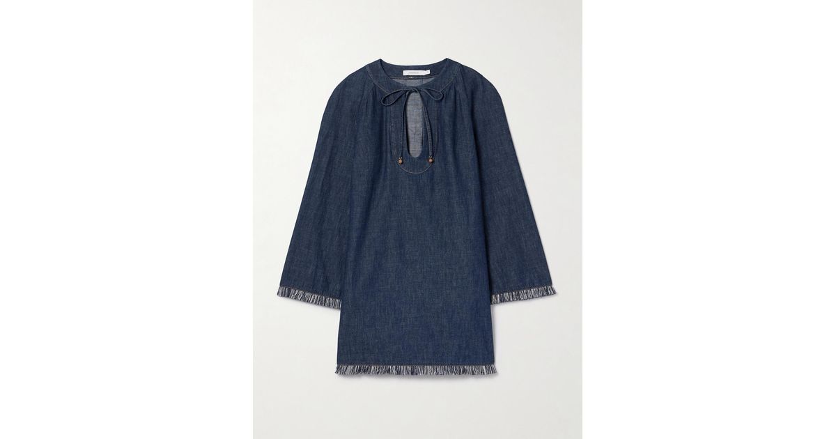 Frayed Robe Zimmermann Rhiannon Tie-Detailed Frayed Denim Mini Dress in Blue | Lyst