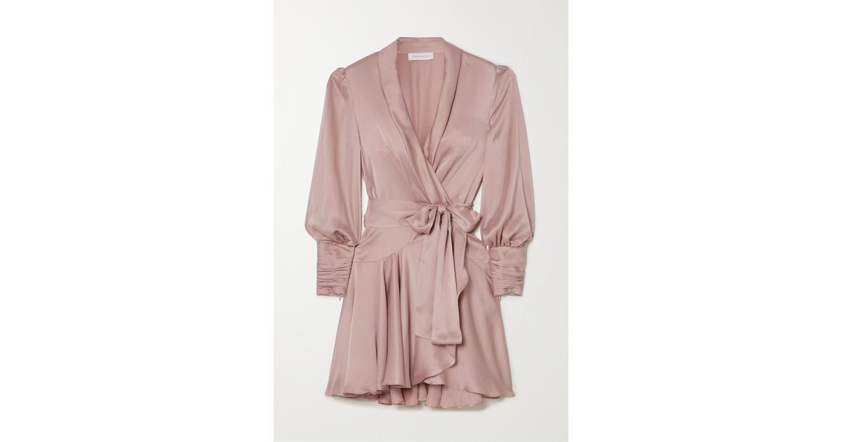 Zimmermann Ruffled Silk-satin Wrap Mini Dress in Pink | Lyst