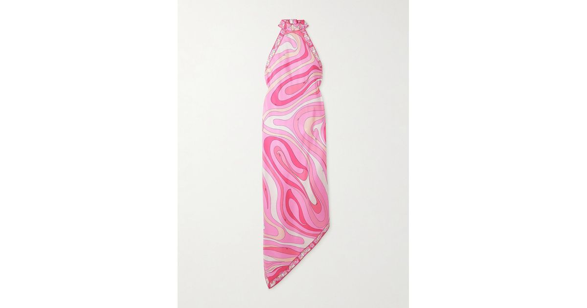 PUCCI Halterneck Printed Silk-Twill Midi Dress in Pink | Lyst