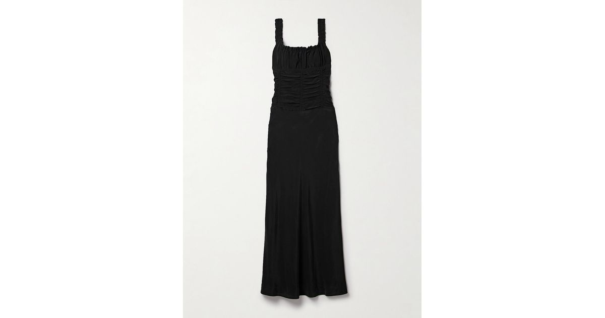 STAUD Nic Ruched Washed-Silk Maxi Dress in Black | Lyst UK