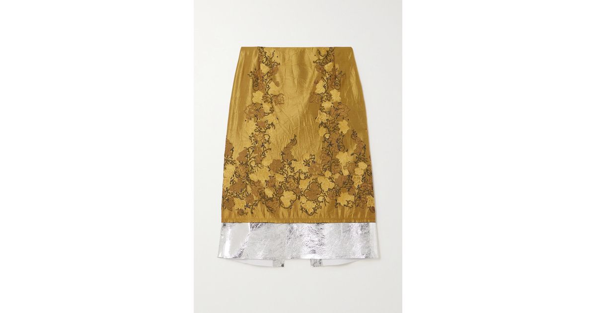Dries Van Noten Metallic Leather-trimmed Floral Brocade Midi Skirt | Lyst