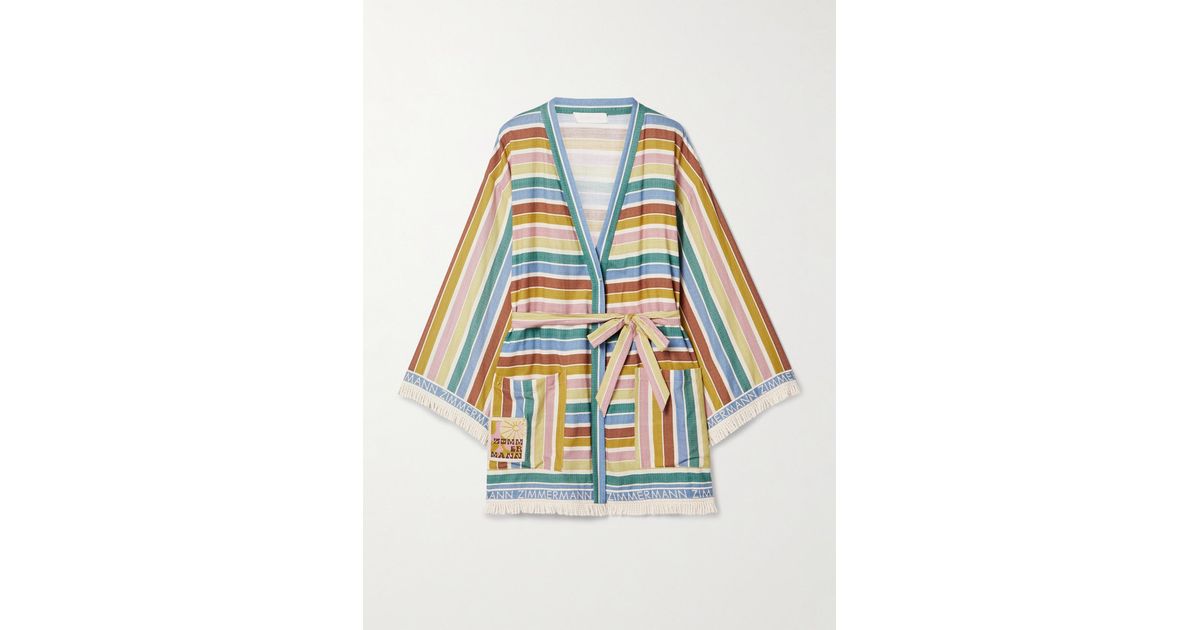 Zimmermann Everley Belted Fringed Striped Cotton-Voile Robe