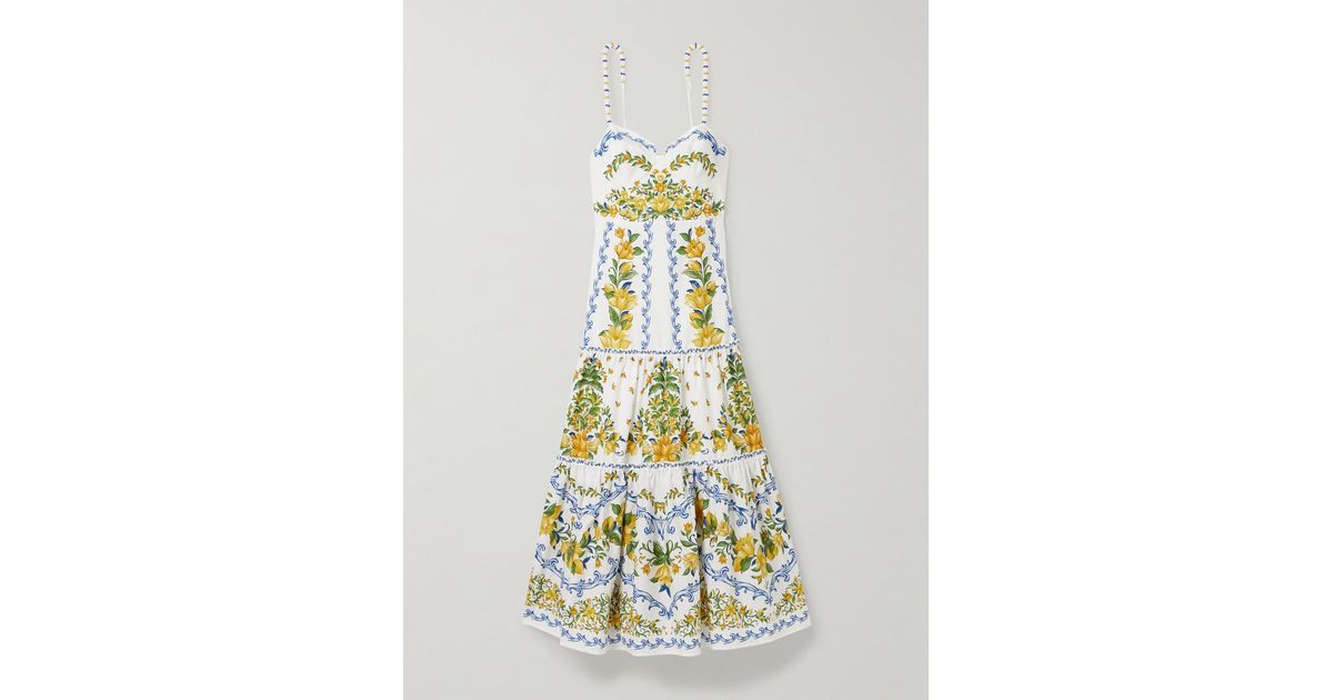 FARM Rio Sicily Tiered Bead-Embellished Printed Cotton-Poplin Midi Dress in  White | Lyst