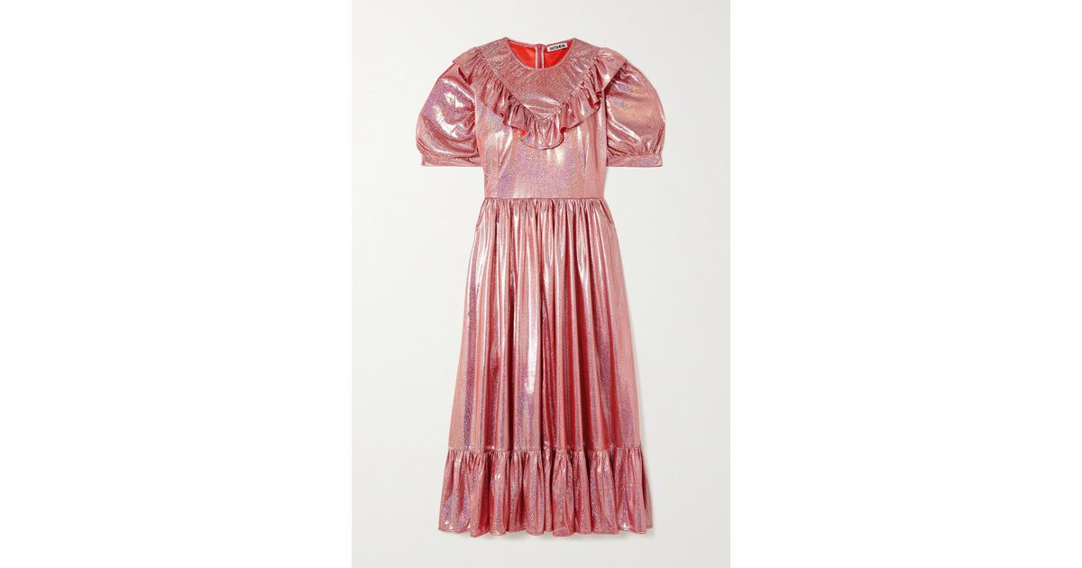 BATSHEVA May Ruffled Lamé Midi Dress in Red Lyst