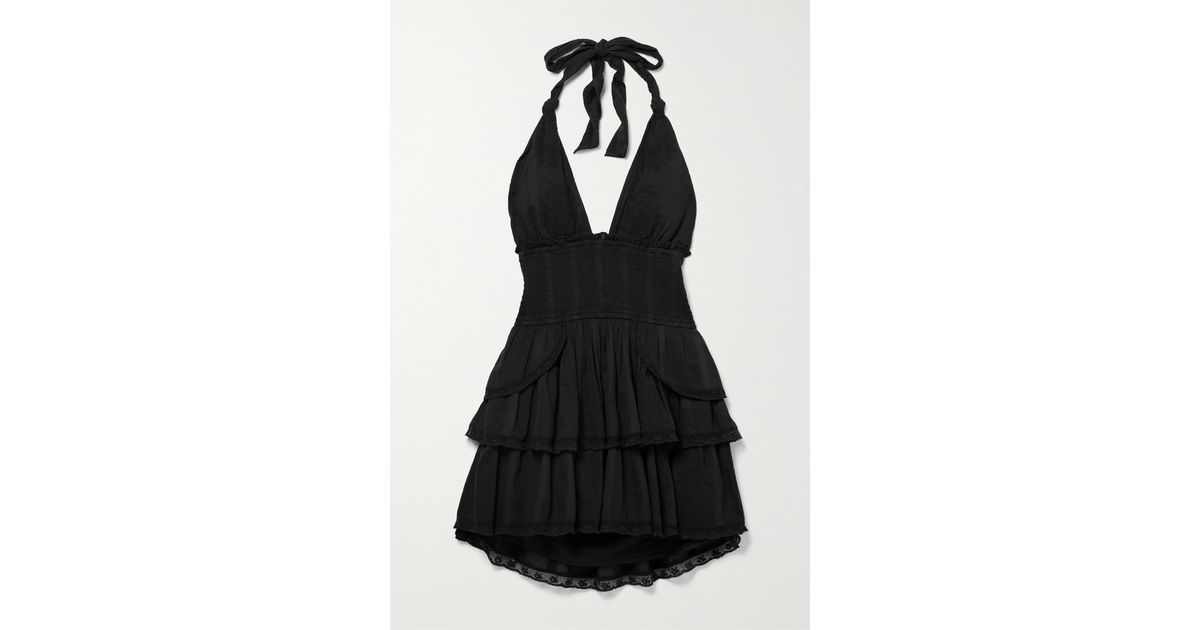 LoveShackFancy Deanna Shirred Ruffled Cotton Halterneck Mini Dress in ...