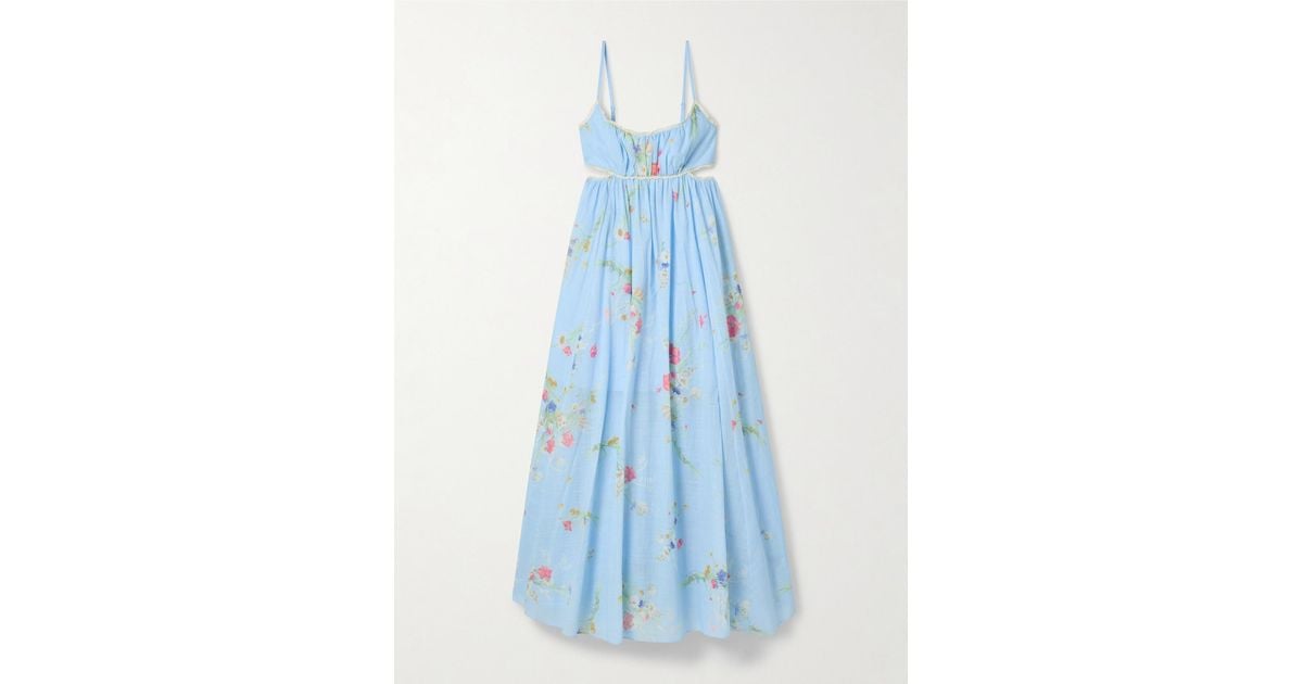 Zimmermann Lucky Picnic Cutout Crocheted Lace-Trimmed Printed Cotton-Voile Maxi  Dress in Blue | Lyst