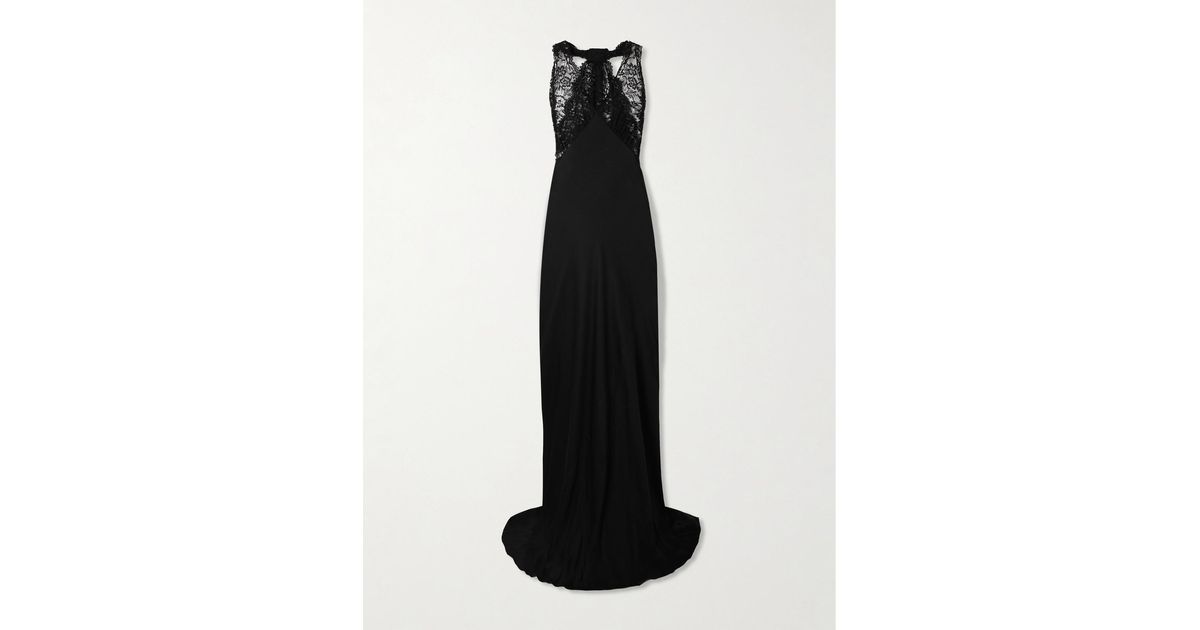 Saint Laurent Lace-Trimmed Silk-Charmeuse Halterneck Gown in Black | Lyst Saint Laurent Lace-Trimmed Silk-Charmeuse Halterneck Gown in Black | Lyst
