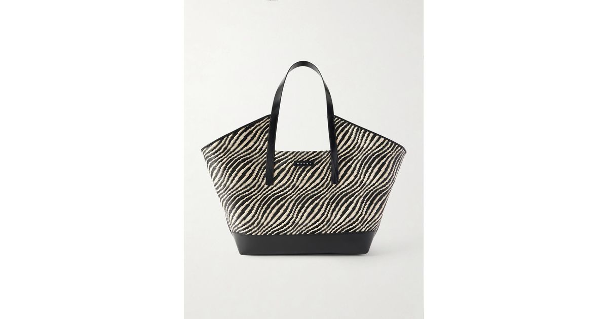 Marni Waves Leather-Trimmed Jacquard Raffia-Like Tote in Black 