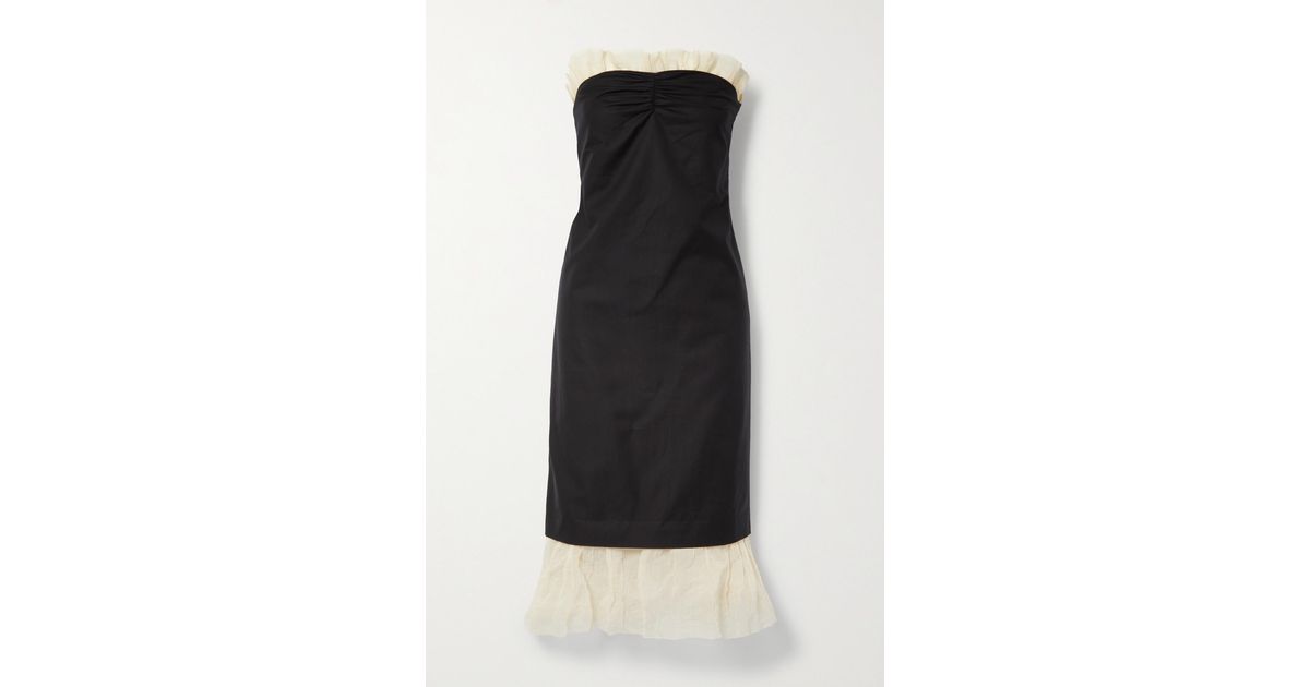 Khaite Irene Strapless Organza-trimmed Cotton-twill Midi Dress in