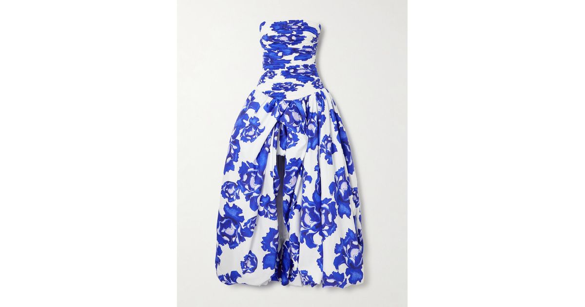 Aje. Behold Strapless Ruched Floral-Print Cotton-Poplin Gown in Blue | Lyst