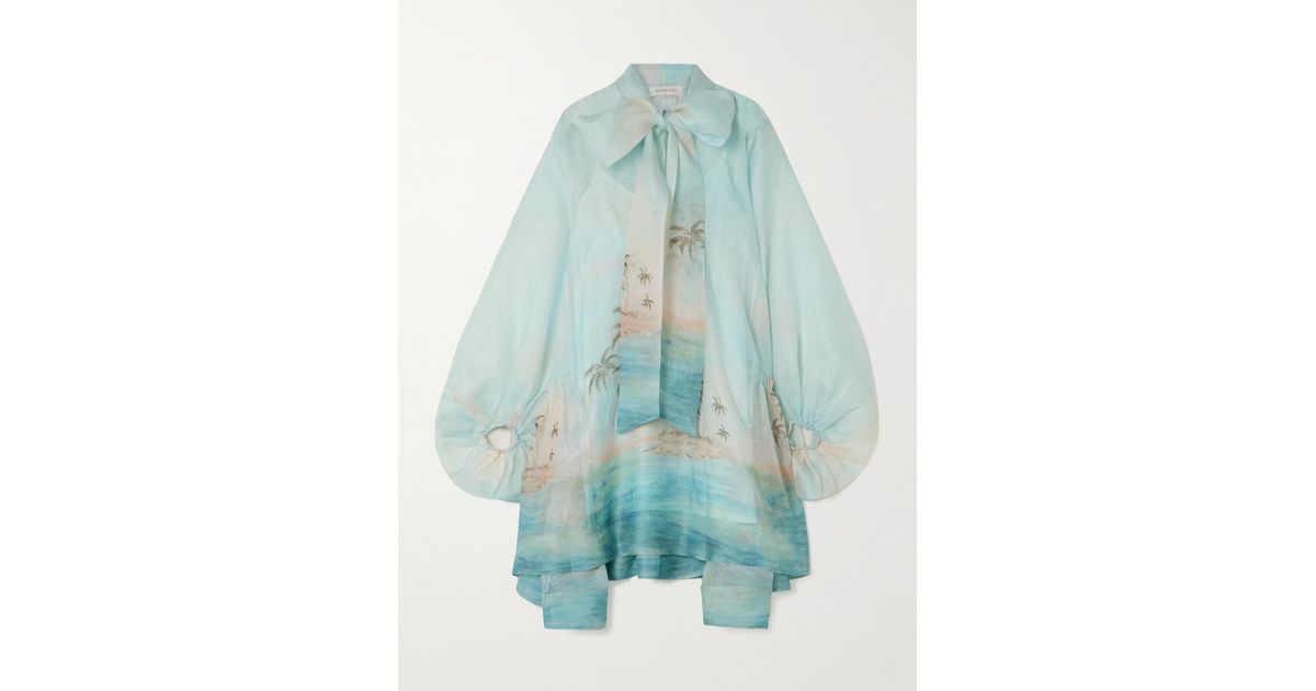 illuminate billow mini dress Zimmermann Illuminate Billow Pussy-Bow Printed Linen And Silk-Blend Mini  Dress in Blue