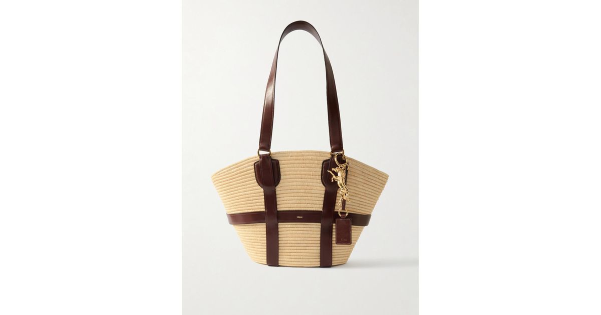 トートバッグ CHLOE TOTE BAG KERALA 25 IN RAFFIA AND BROWN LEATHER CHLOÉ Kerala 25 leather-trimmed faux raffia tote | NET-A-PORTER
