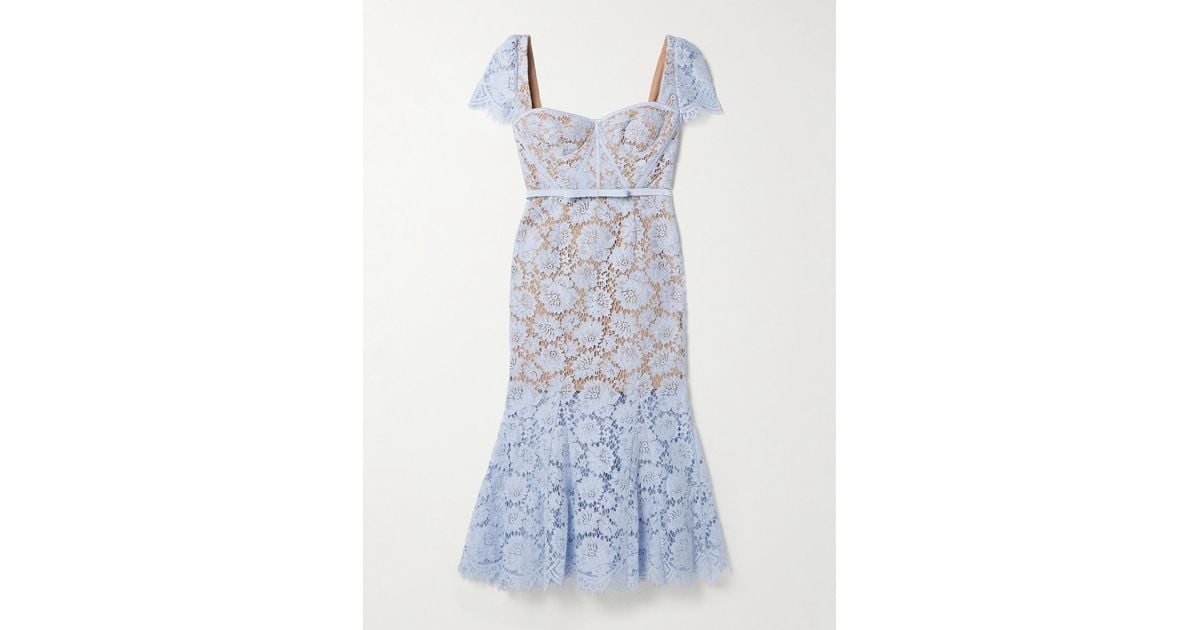 Self-Portrait Belted Corded Lace Midi Dress in Blue | Lyst