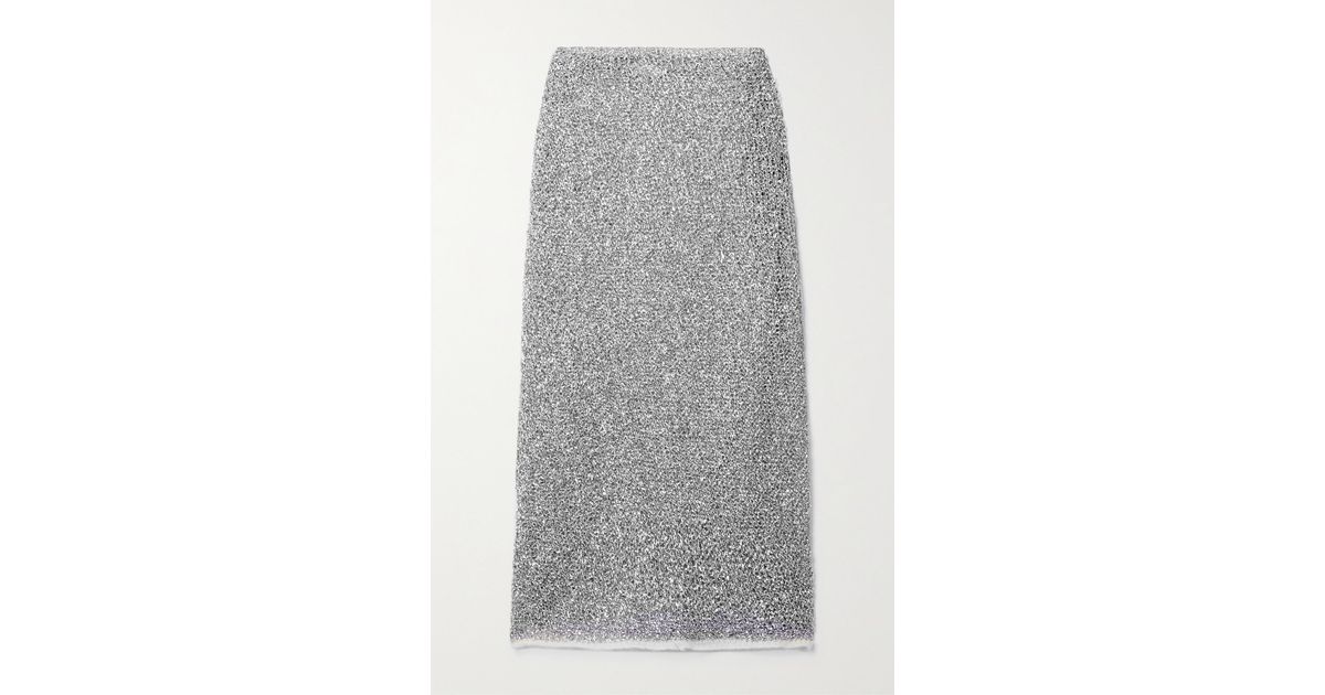 Dries Van Noten Tempe Fleece-trimmed Metallic Open-knit Midi Skirt in Gray  | Lyst