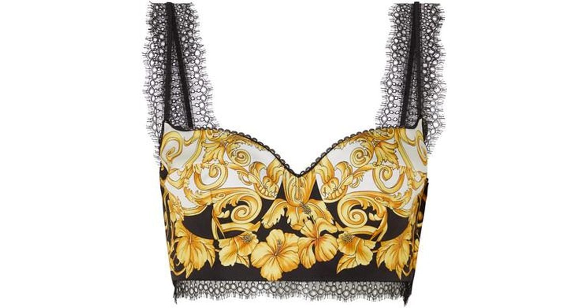 VERSACE Lace-trimmed printed silk-twill bralette