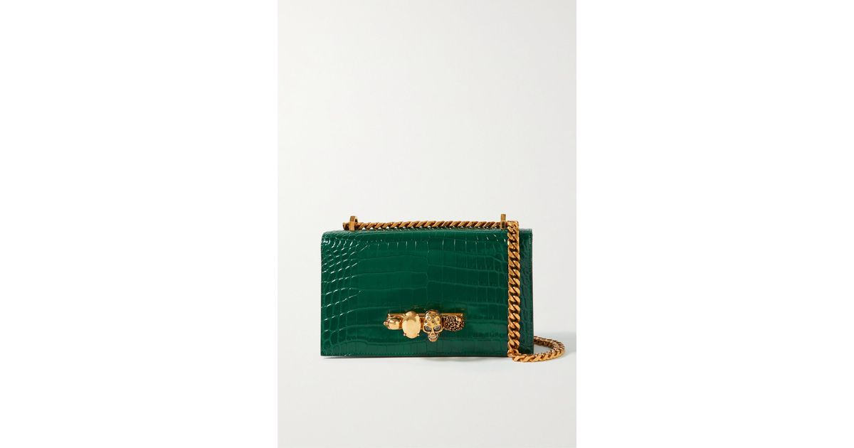 Alexander McQueen Embellished Croc-effect Leather Shoulder Bag in Green |  Lyst