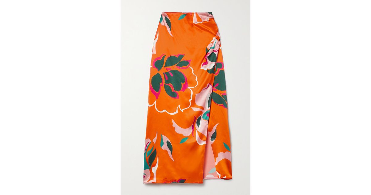Reformation Sabine Floral-print Silk-charmeuse Midi Skirt in Orange ...