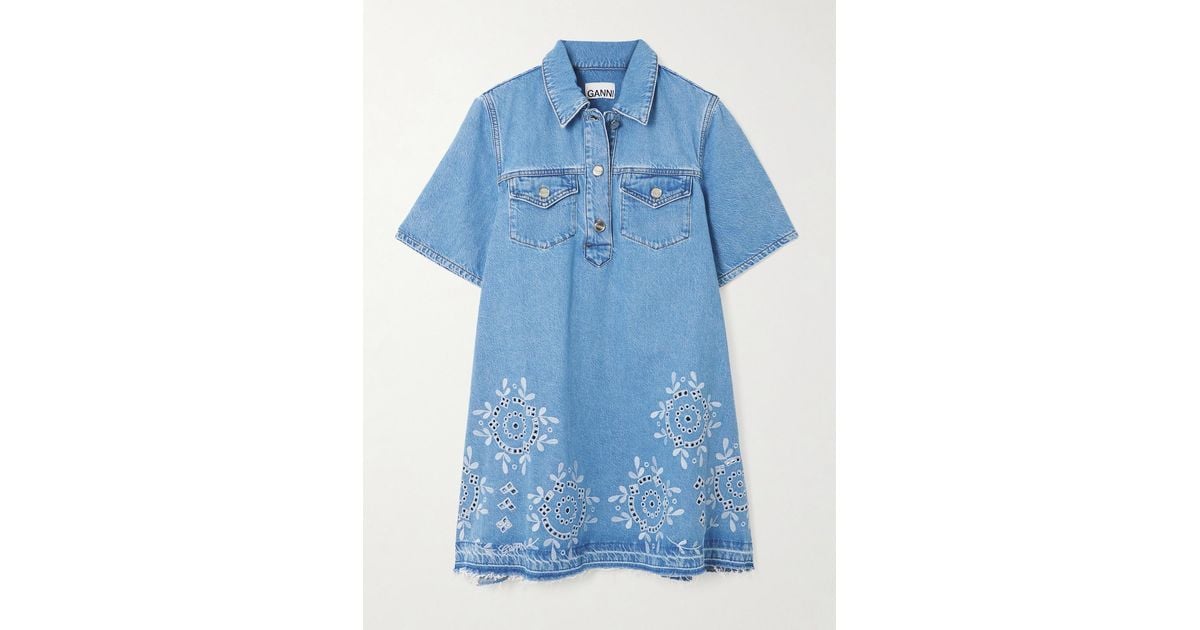Ganni Frayed Broderie Anglaise Denim Mini Shirt Dress in Blue | Lyst