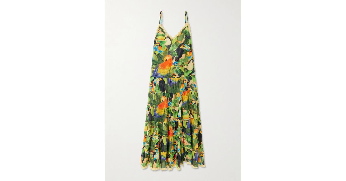 FARM Rio Bird Leaves Crochet-Trimmed Tiered Printed Cotton Maxi Dress in Green | Lyst FARM Rio Bird Leaves Crochet-Trimmed Tiered Printed Cotton Maxi Dress in Green | Lyst