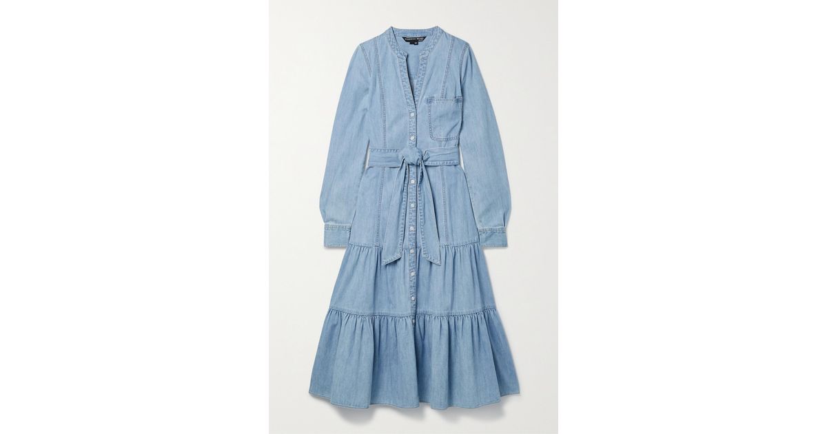 Veronica Beard Kova Belted Tiered Linen And Cotton Blend Chambray Midi Dress In Blue Lyst