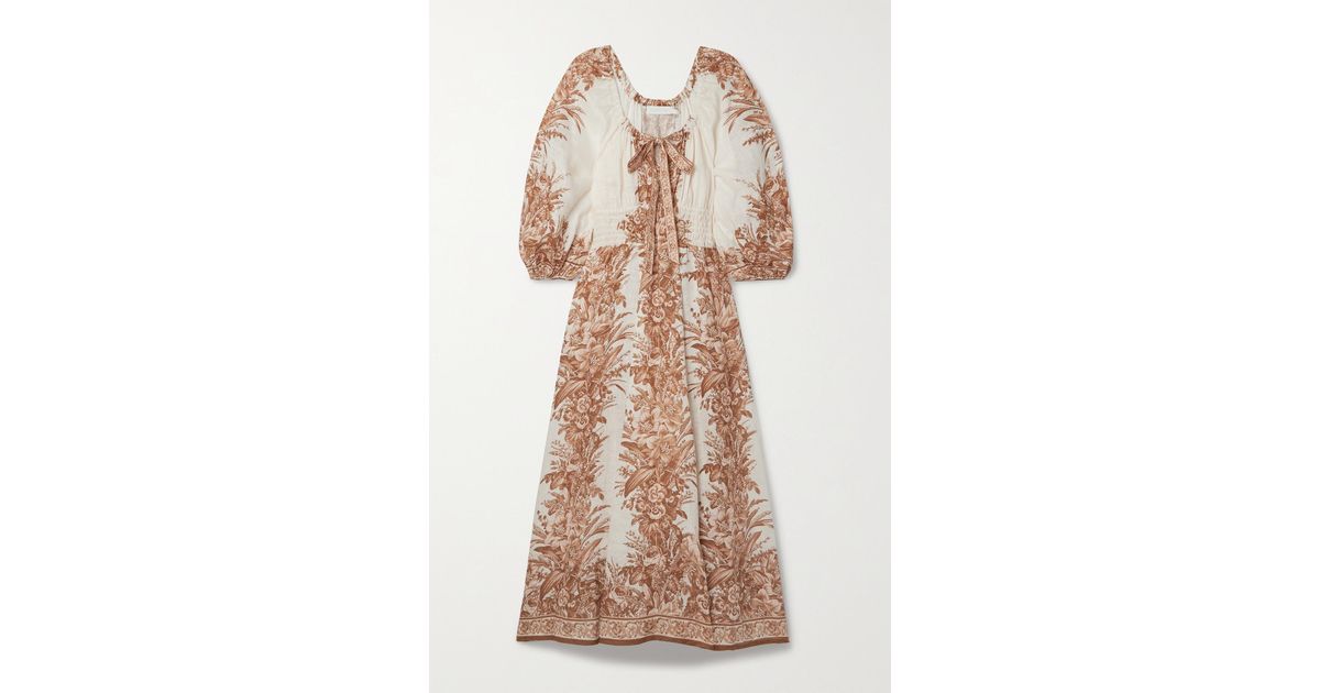 Zimmermann Moonshine Shirred Floral-print Linen Midi Dress in Ivory (White) - Lyst