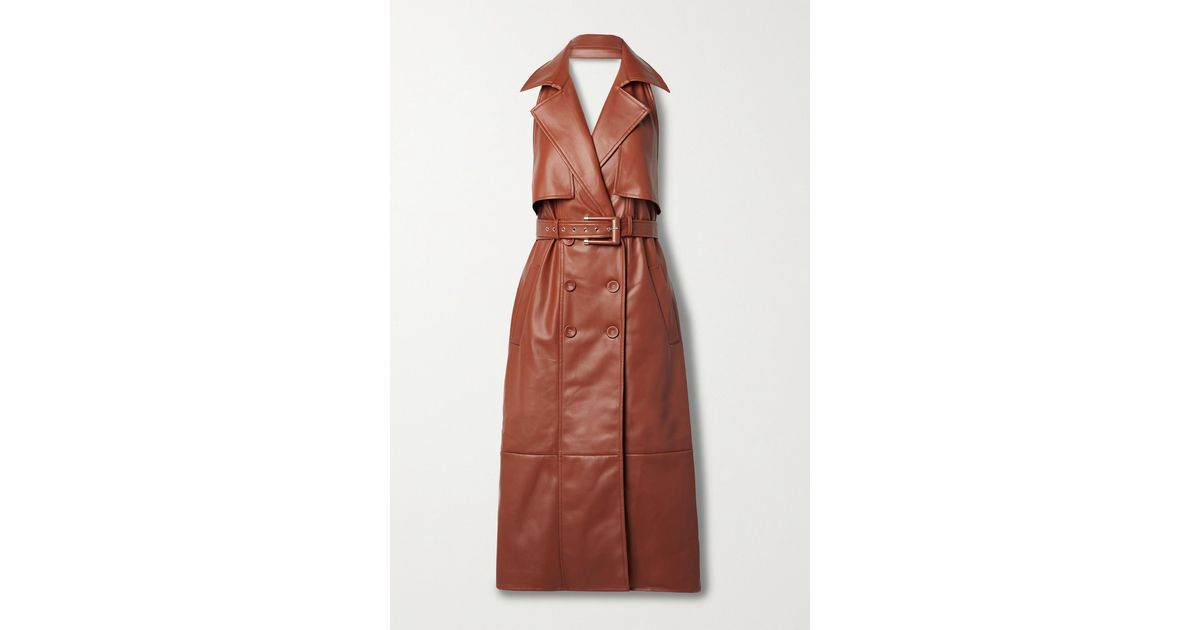 Cult Gaia Reverie Double-breasted Belted Faux Leather Midi Dress in Brown