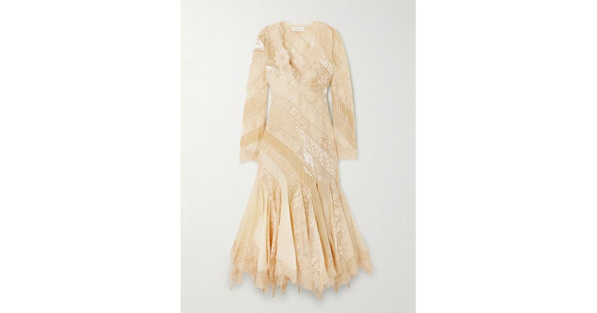 Zimmermann Eden Ruffled Paneled Lace-Trimmed Devor-Velvet And Linen Maxi  Dress in Natural | Lyst