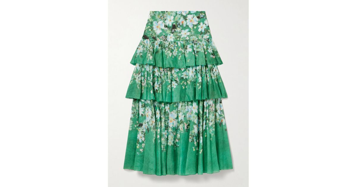 Zimmermann Everley Tiered Floral-Print Ramie Maxi Skirt in
