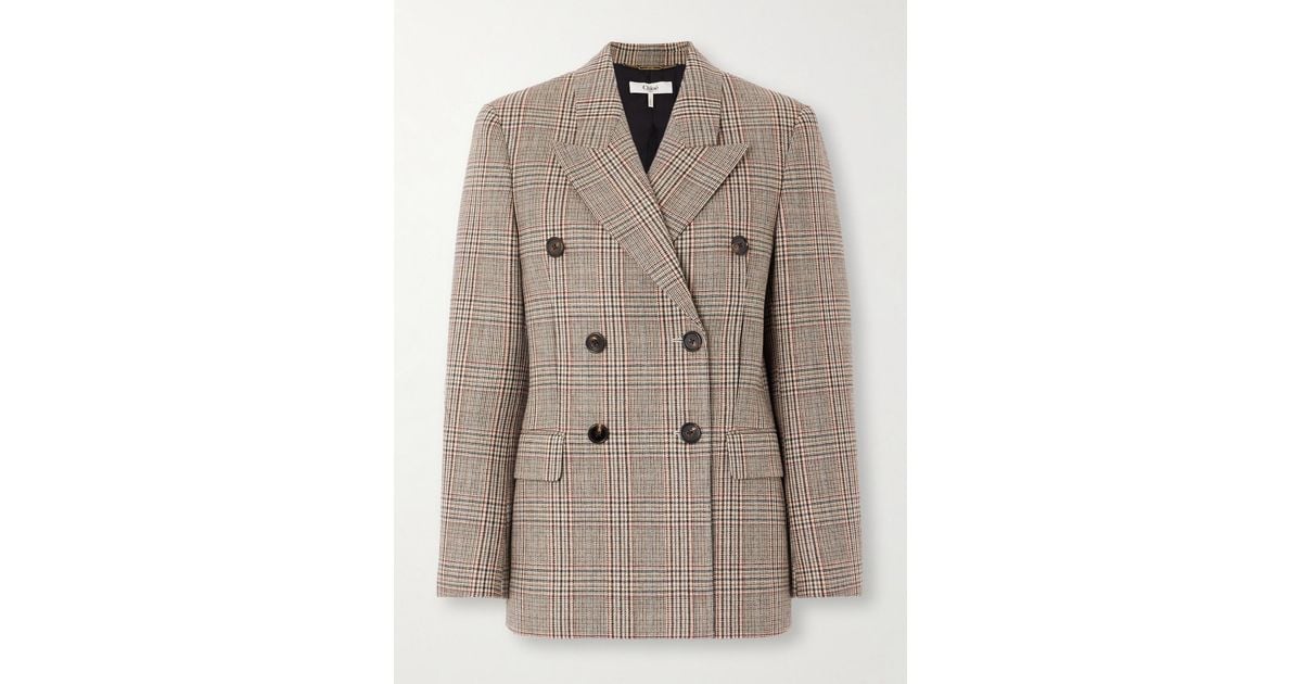 Chloé Double-Breasted Checked Wool-Blend Blazer in Natural