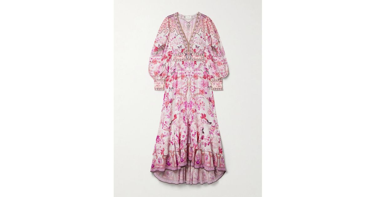 CAMILLA Crystal-Embellished Printed Silk Maxi Dress in Pink
