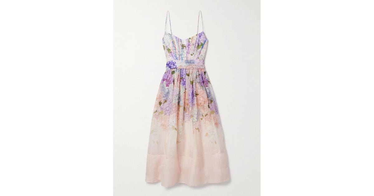 zimmermann pink floral belted midi dress ZIMMERMANN Matchmaker Belted Floral-Print Linen And Silk-Blend Midi Dress