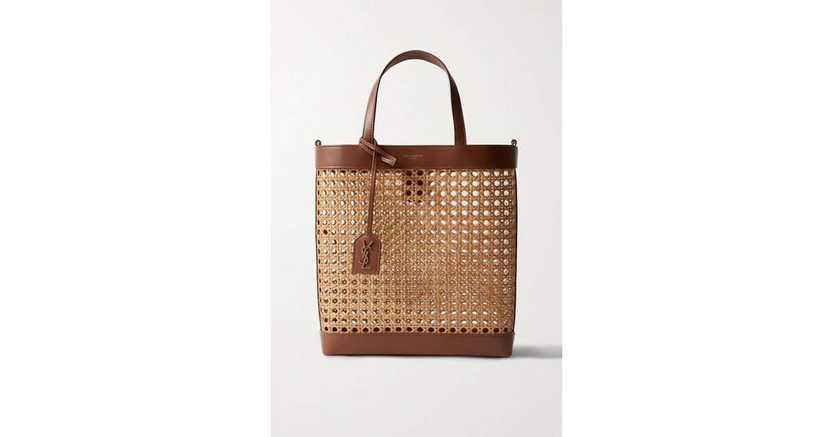 Saint Laurent Shopping Toy Leather-trimmed Straw Tote in Natural | Lyst